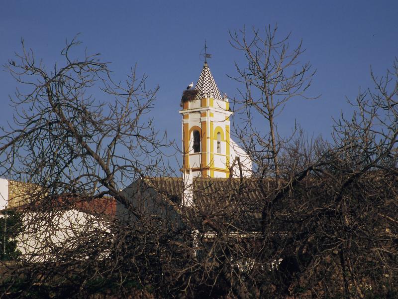 Almadén de la Plata. Iglesia de Santa María de Gracia vista de lejos