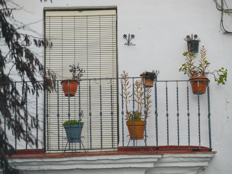 Vista de un balcón de una casa particular y típica de pueblo, barandilla con macetas, persiana 