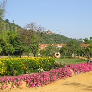 Gelves. Parque del Pandero con camino y flores